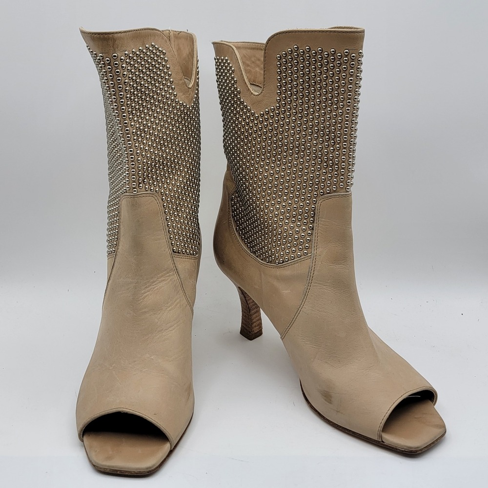 Aquatalia‎ Marvin K Beige Leather Studded Peep Toe Ankle Boots Made in Italy 8